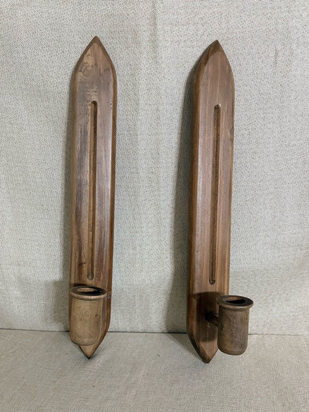 Vintage Pair 15” Wooden Wall Candle Sconces Mid Century Modern Scandinavian - Picture 2 of 13